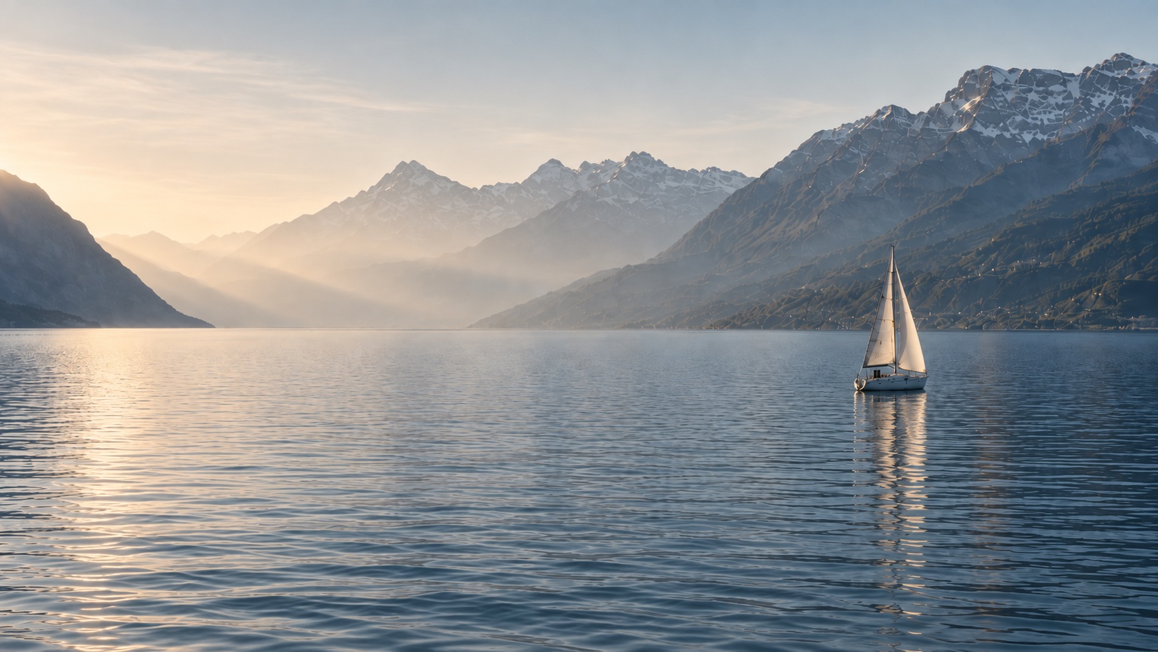 Ein Segelboot auf einem ruhigen Alpensee vor schneebedeckten Bergen bei Sonnenaufgang